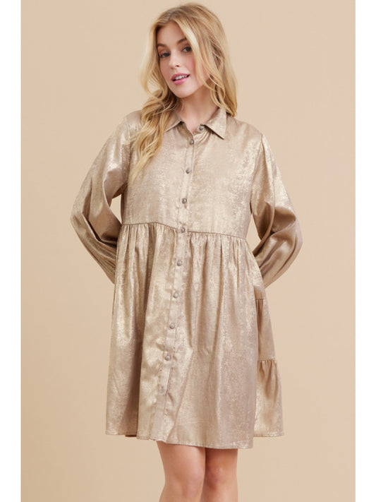 Metallic Baby Doll Dress in Taupe
