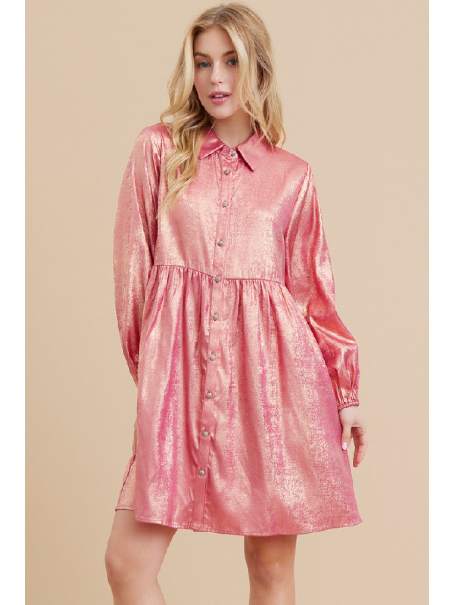 Metallic Baby Doll Dress in Hot Pink