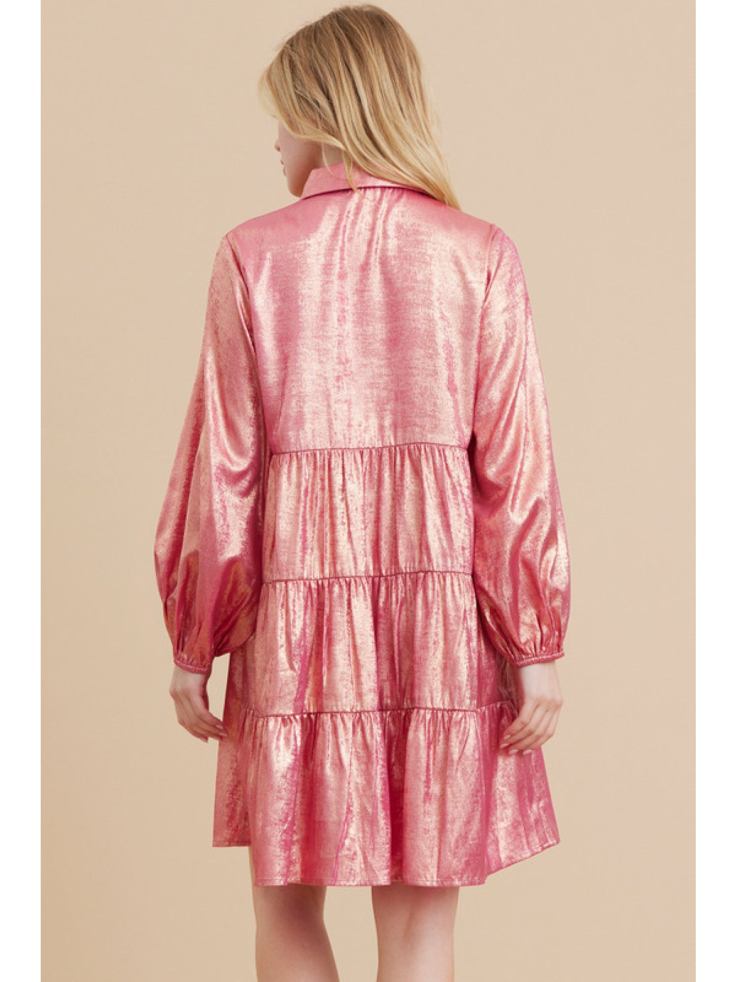 Metallic Baby Doll Dress in Hot Pink