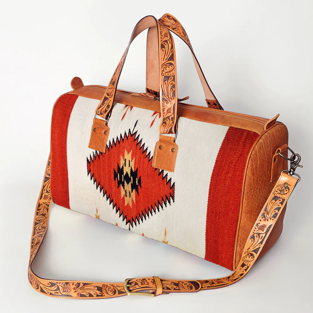 Genuine Leather Duffle Bag with Upcycled Wool and Leather Straps 870A