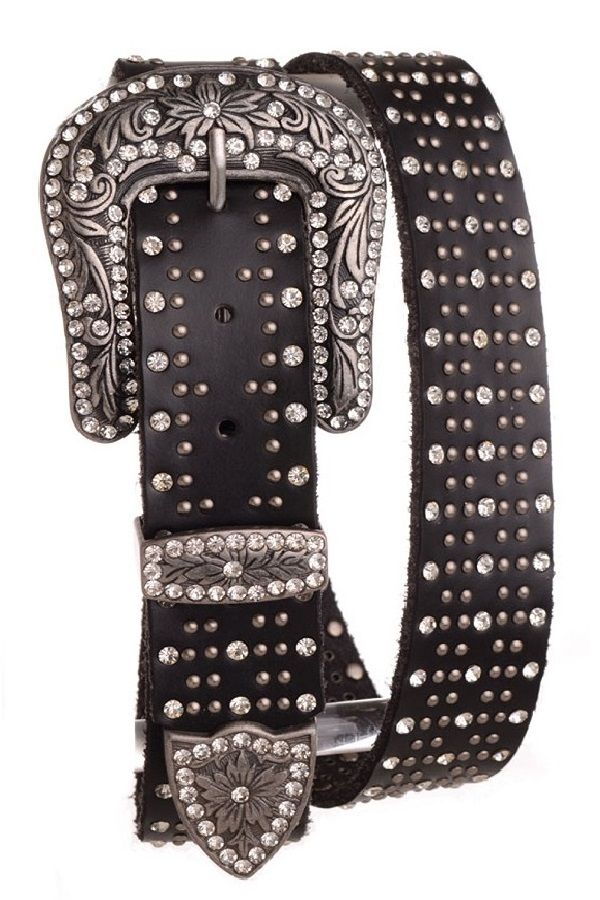 Studded Rhinestone Leather Belt in Black