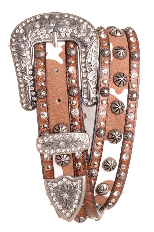 Cowhide Rhinestone Studded Genuine Leather Belt in Brown