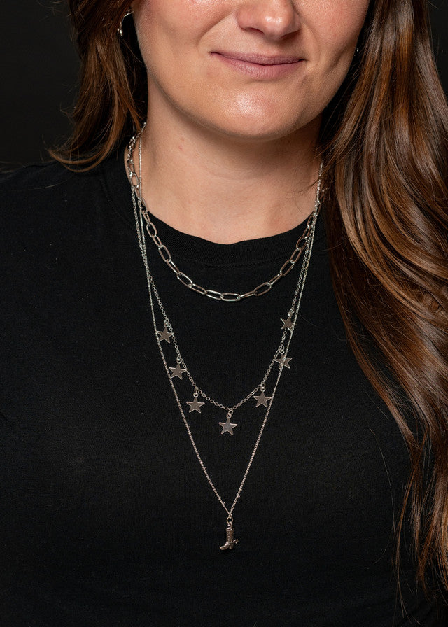 West & Co. Triple Layered Sliver Chain, Stars and Cowboy Boots Necklace