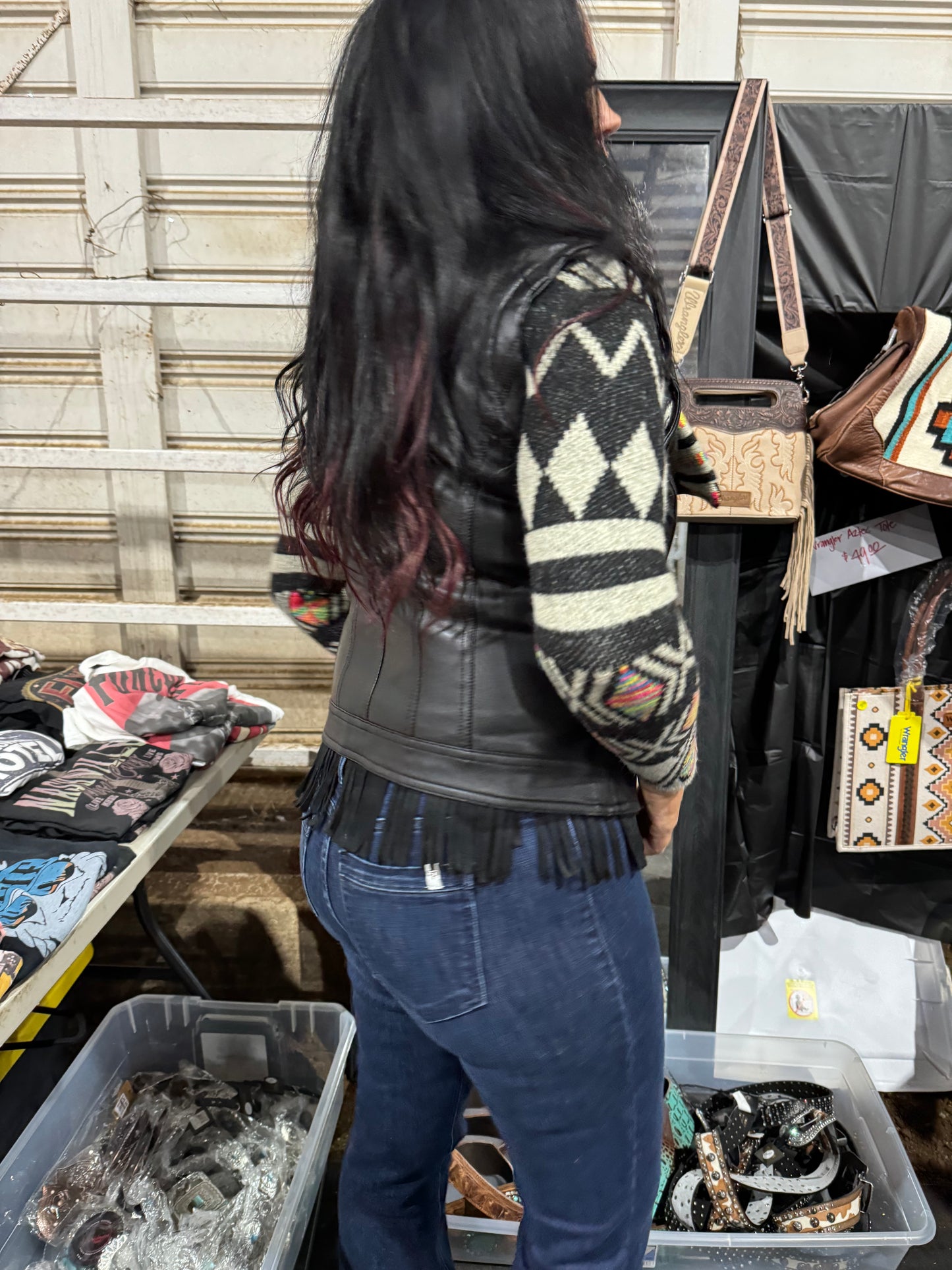 Leather Jacket with Aztec Print Accents