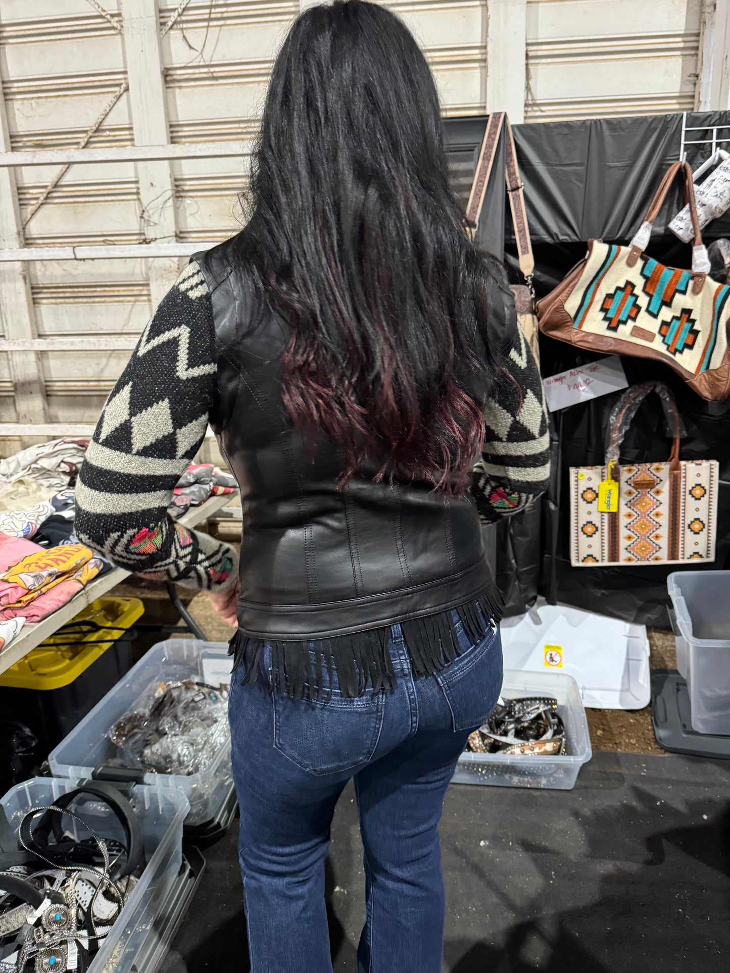 Leather Jacket with Aztec Print Accents