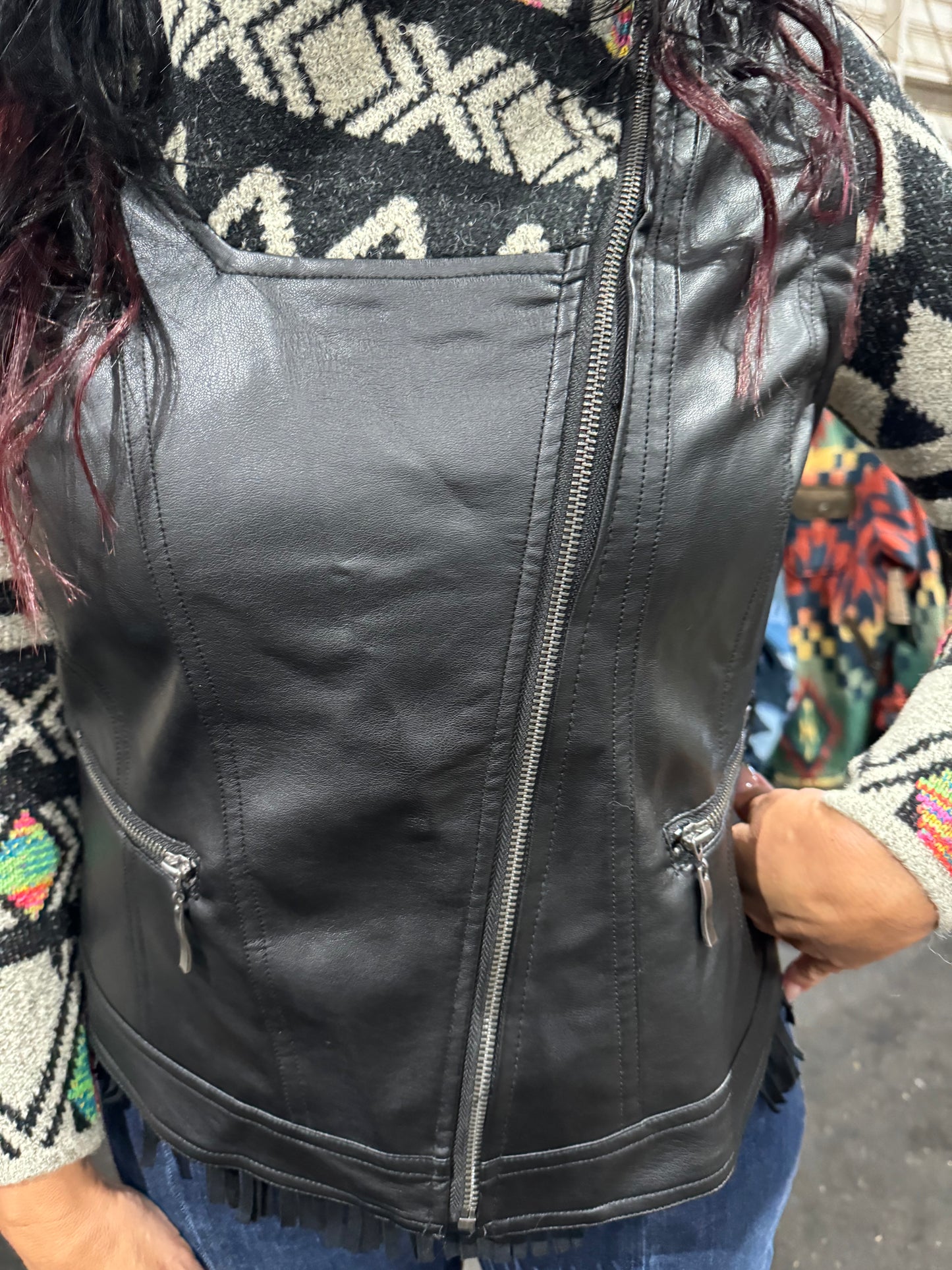 Leather Jacket with Aztec Print Accents