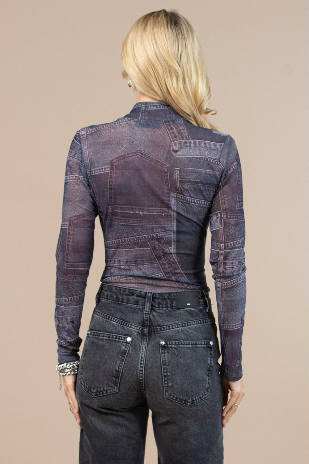" Denim Print" Mesh Bodysuit
