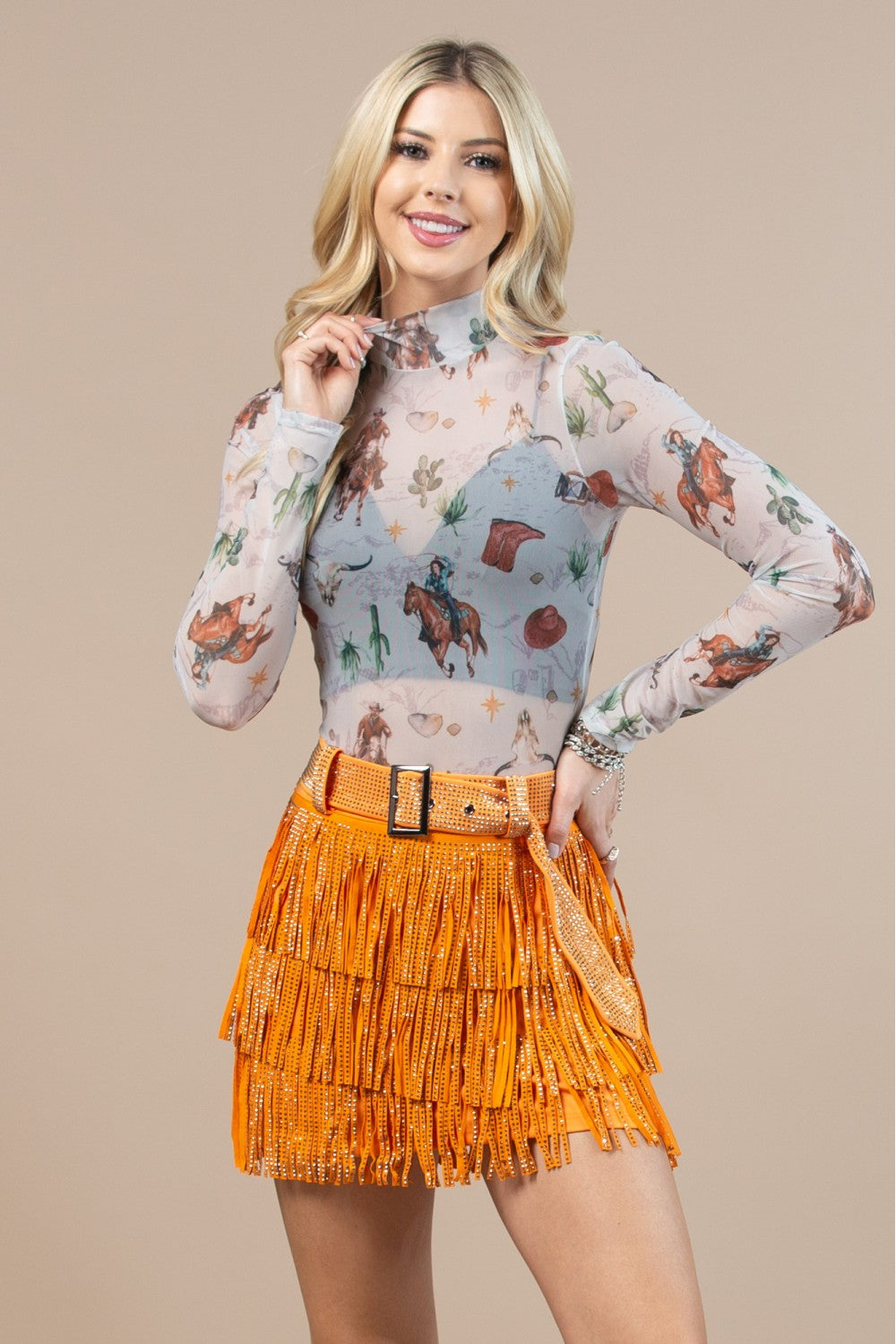 Mesh Bodysuit in Cowgirl Lasso Western Print