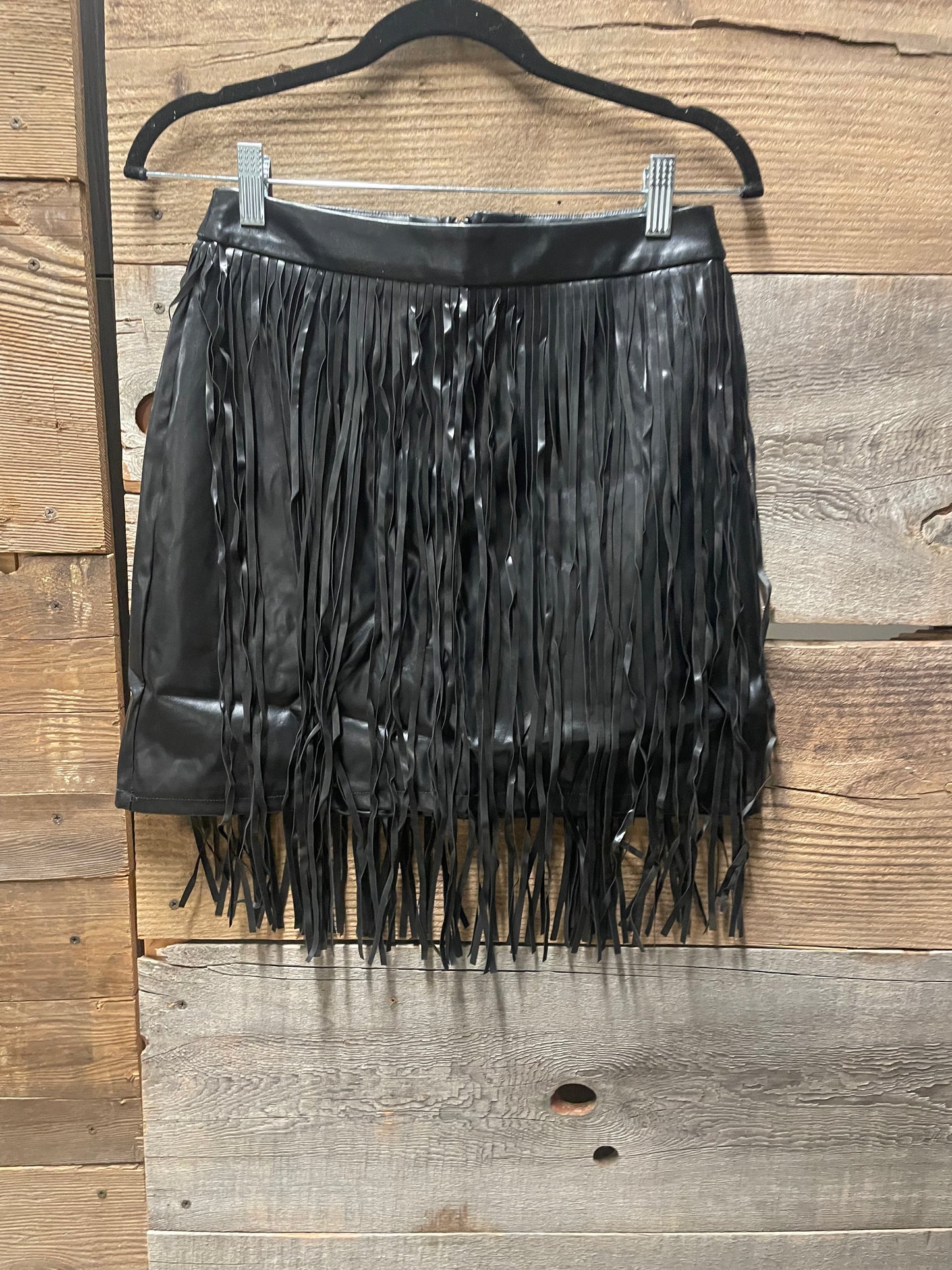 Faux Black Leather Fringed Mini Skirt