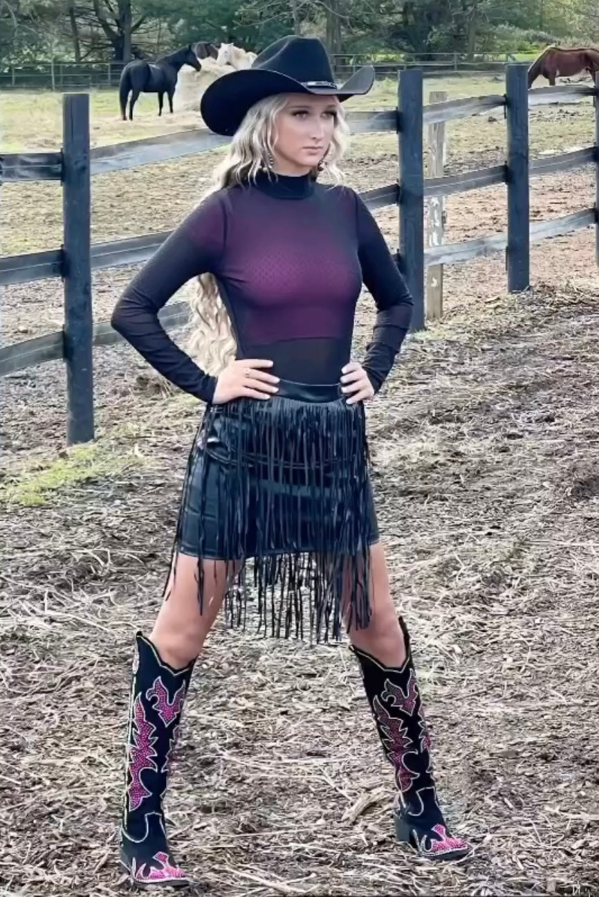Faux Black Leather Fringed Mini Skirt