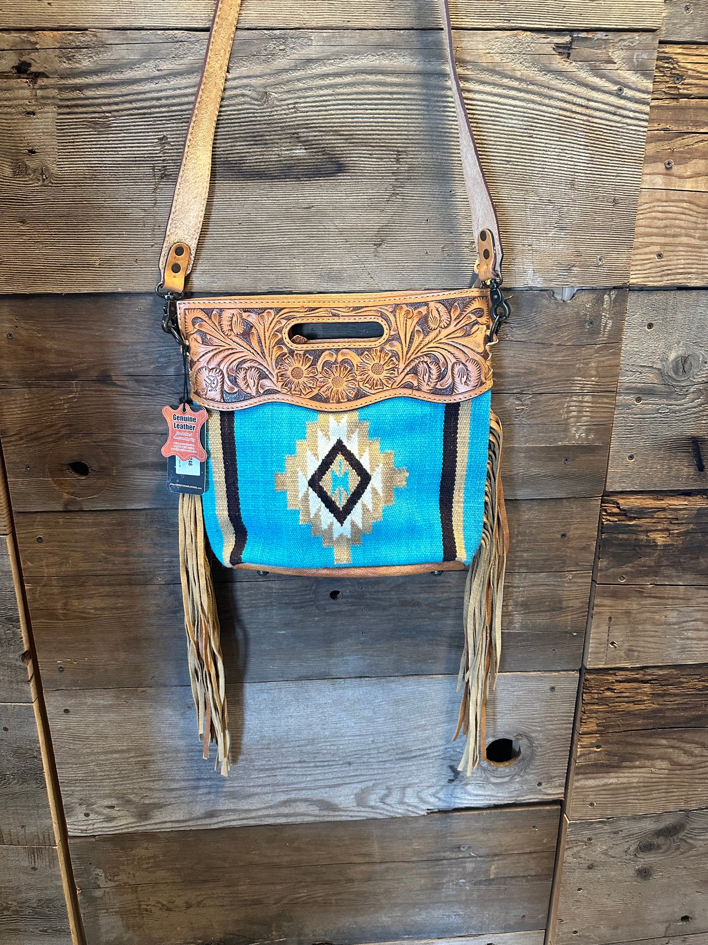 Tooled Leather Saddle Blanket Aztec Crossbody Purse ~ Turquoise and Tan 248