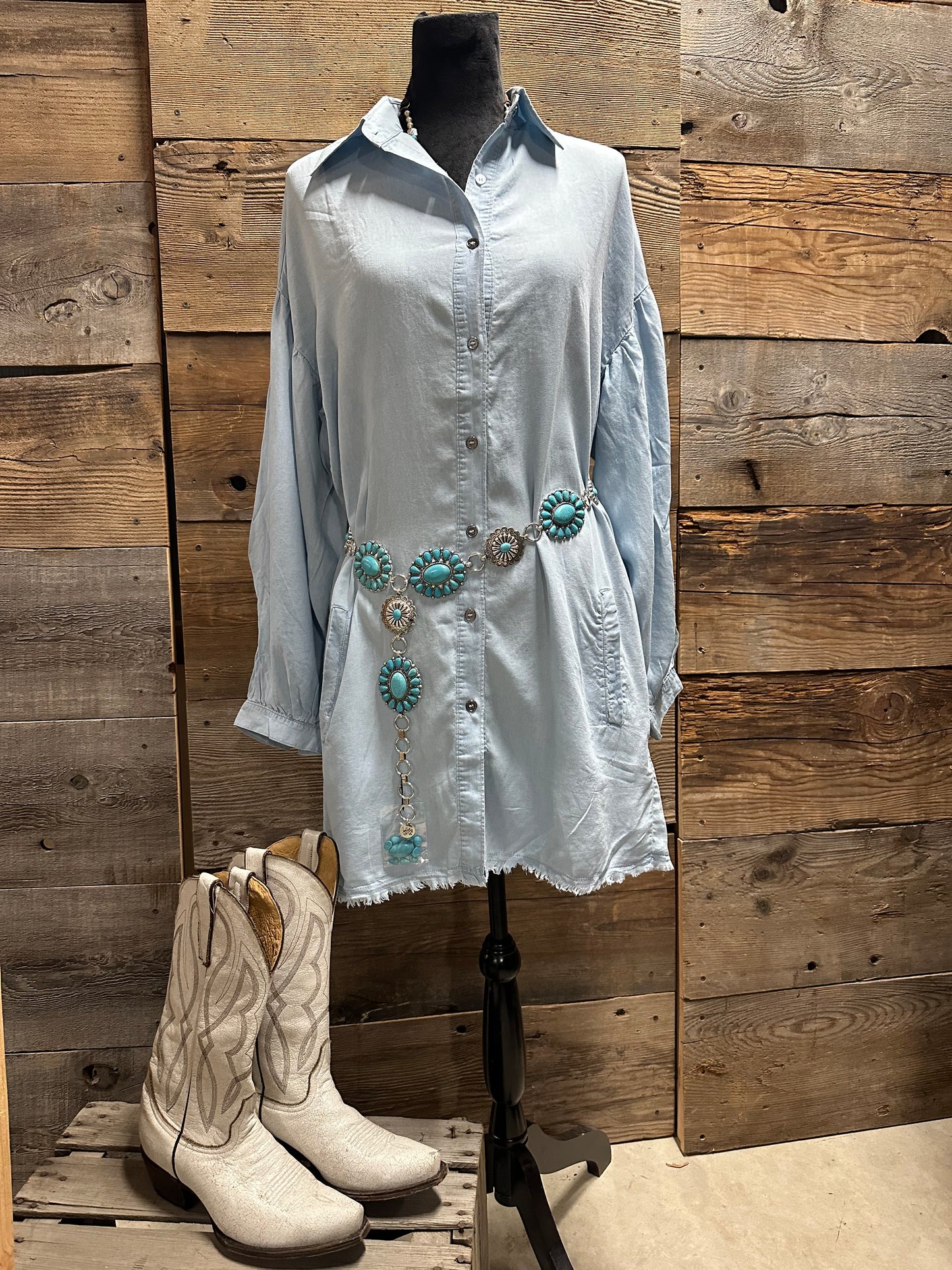 Light Denim Dress with Raw Edge Hem