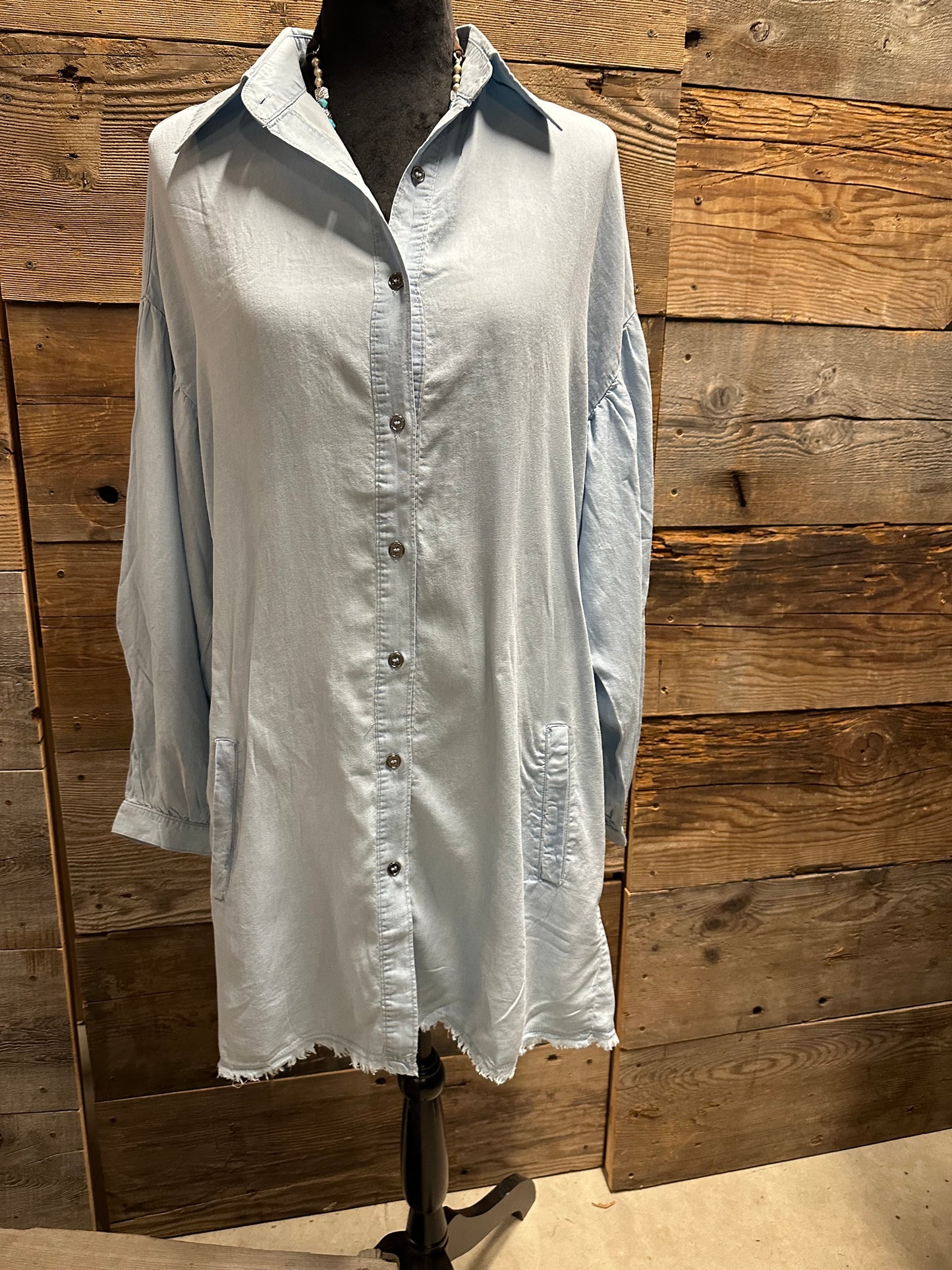 Light Denim Dress with Raw Edge Hem