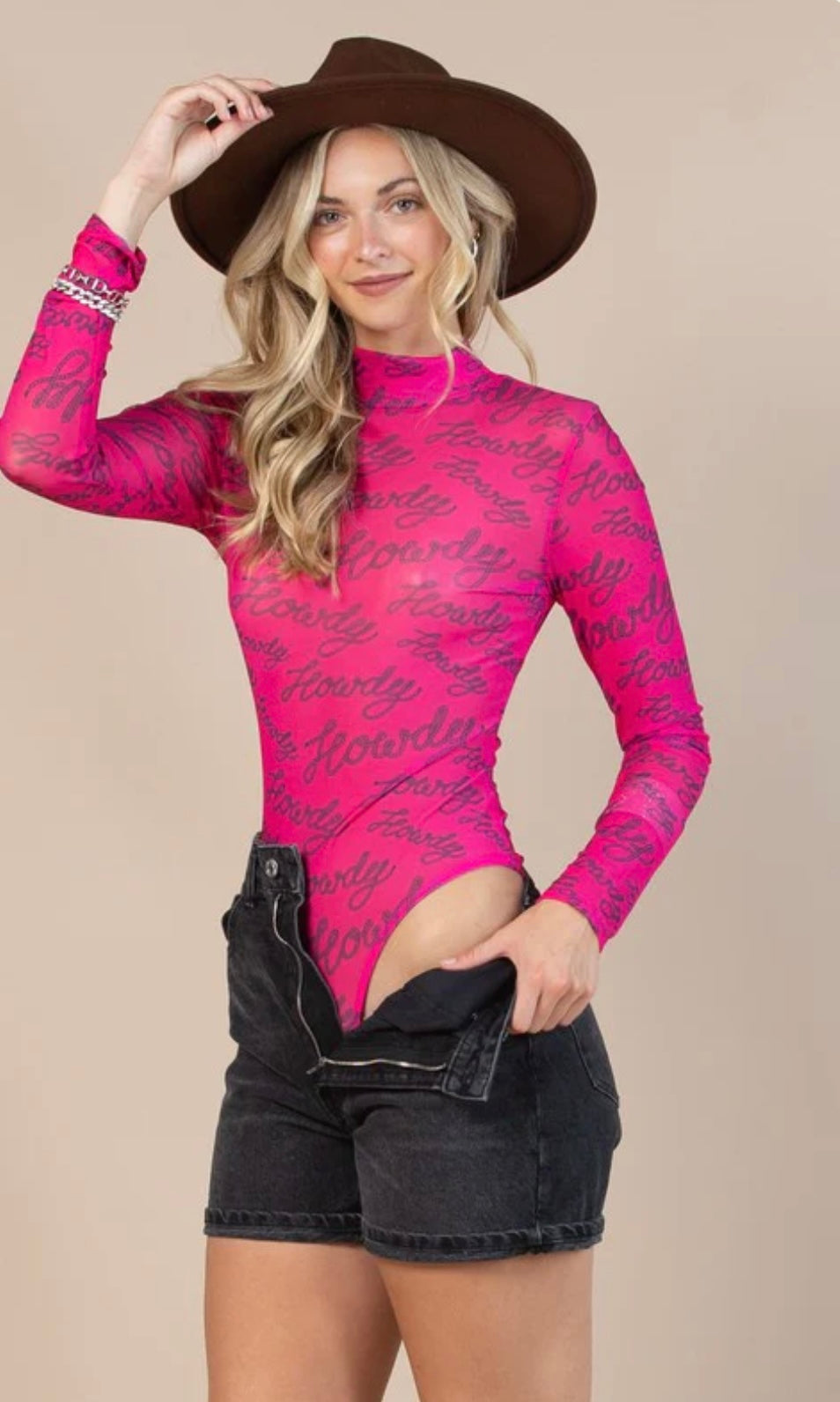 Hot Pink Mesh Rhinestone Bodysuit for Women
