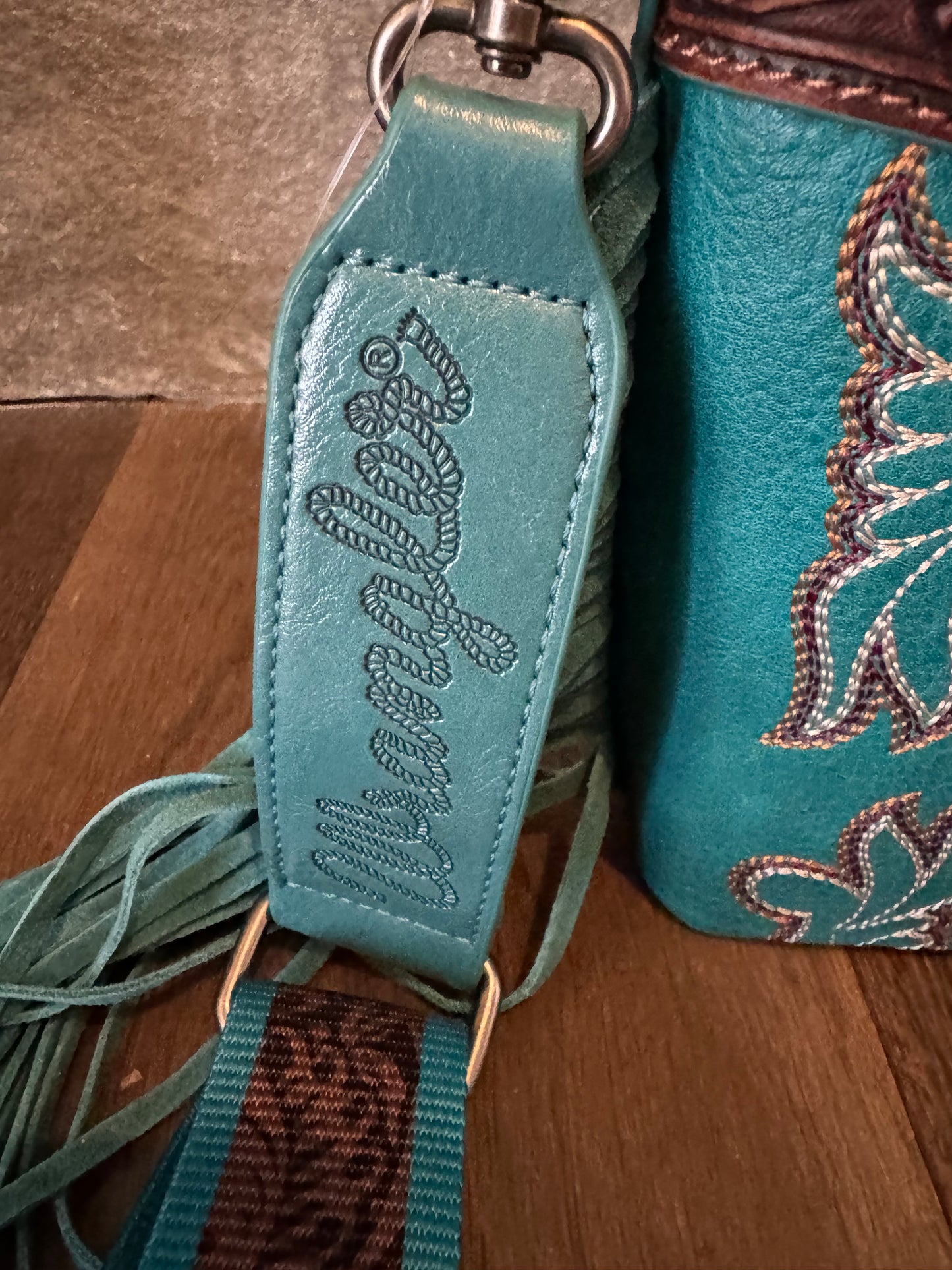 Wrangler Boot Stitched Crossbody Purse in Turquoise