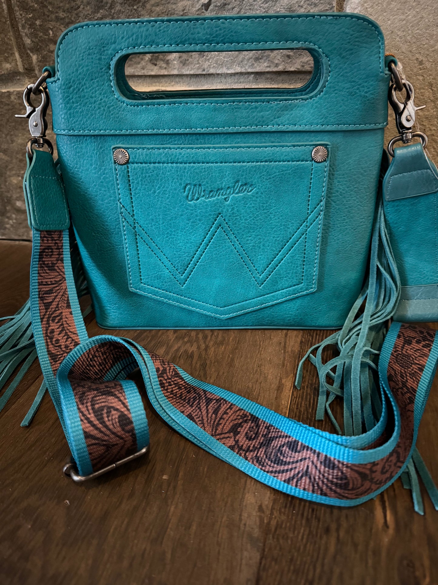 Wrangler Boot Stitched Crossbody Purse in Turquoise