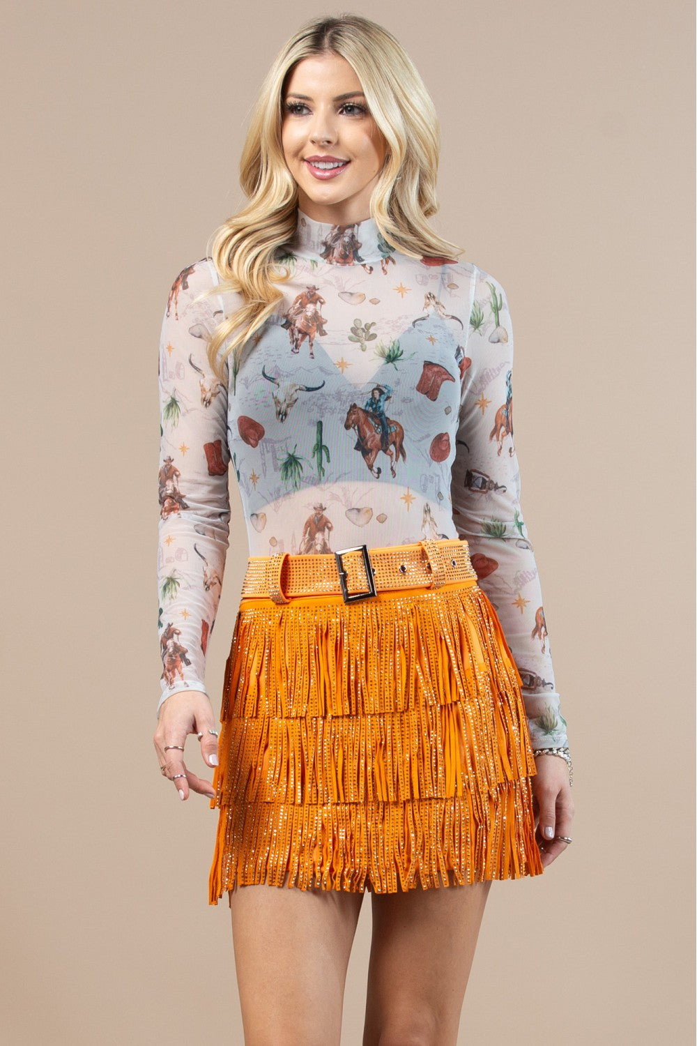 Mesh Bodysuit in Cowgirl Lasso Western Print