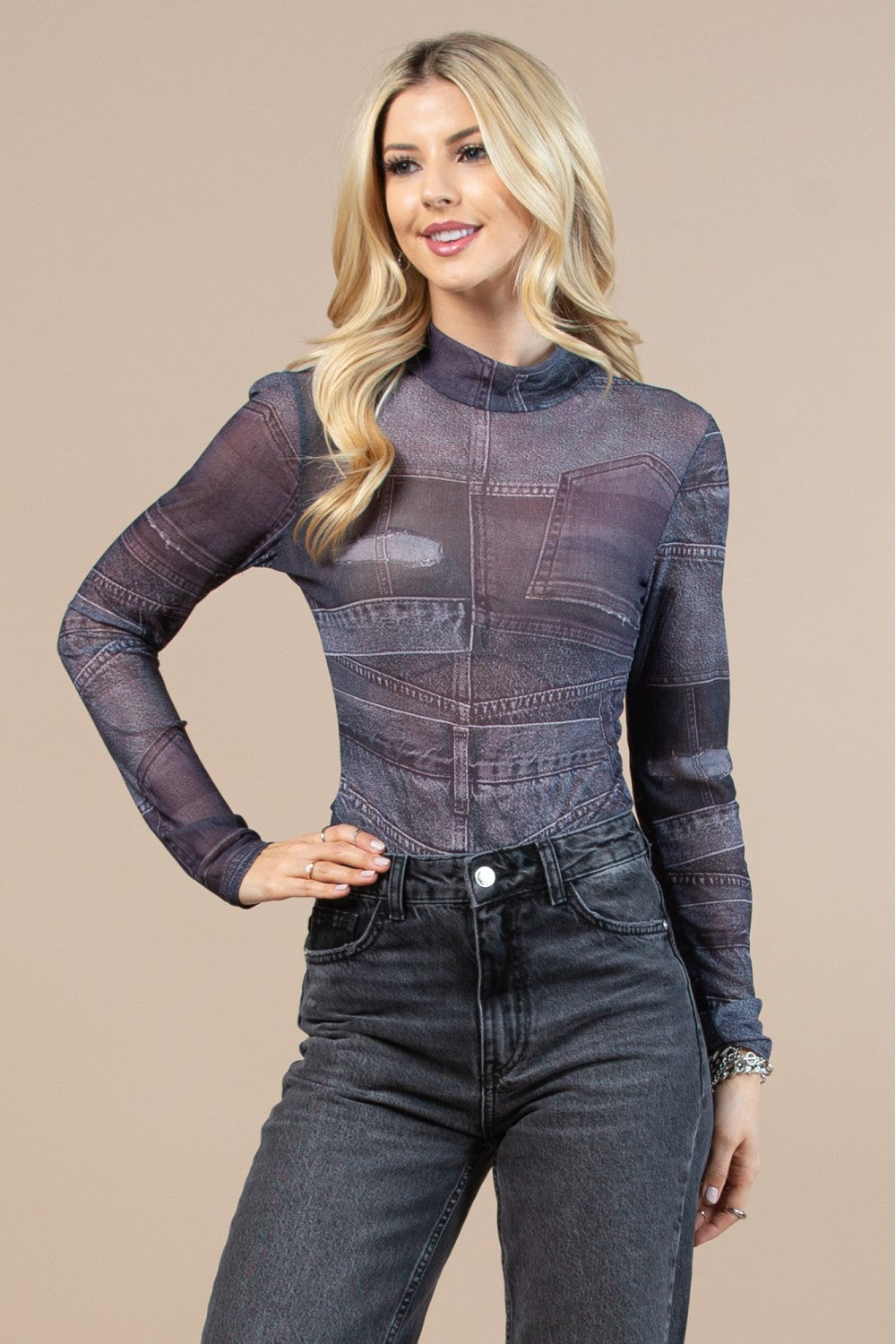 " Denim Print" Mesh Bodysuit