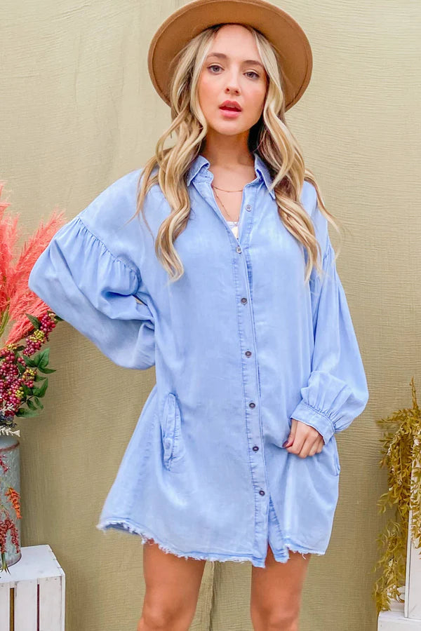 raw edge denim dress Wholesale Short Sleeve Loose Fit Raw Edge Denim Mini Dress for your store