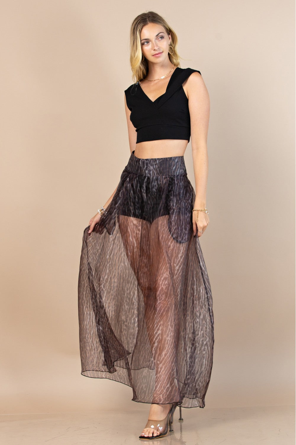 Animal Print Organza Long Skirt