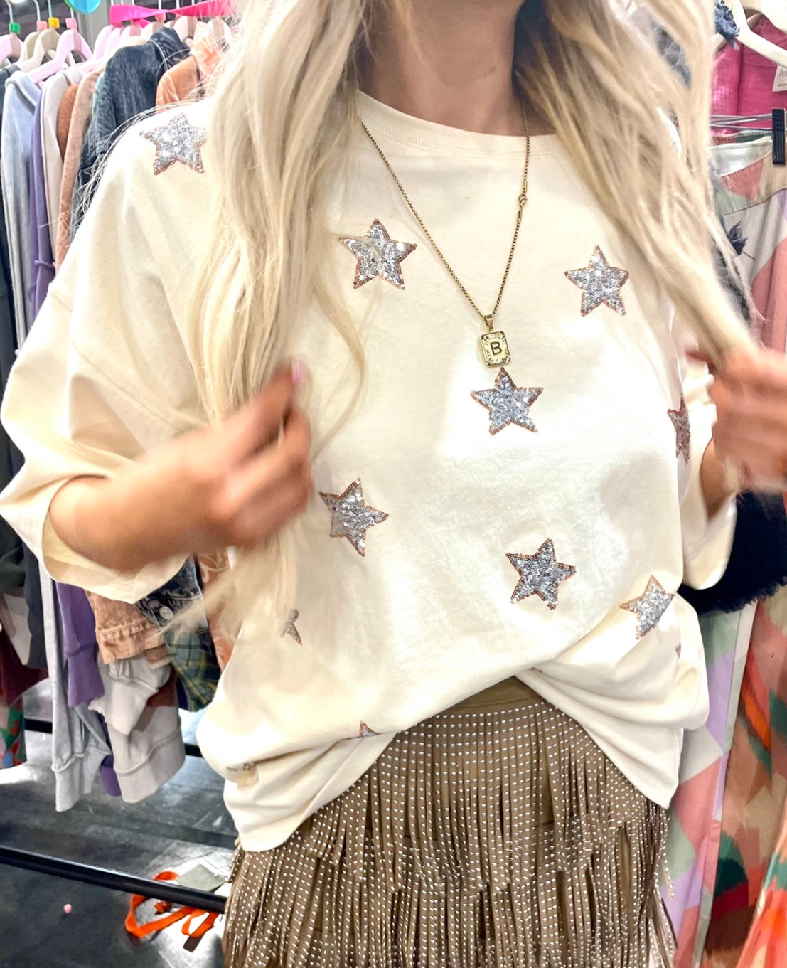 Cream with Silver Star Sequined patch Shirt