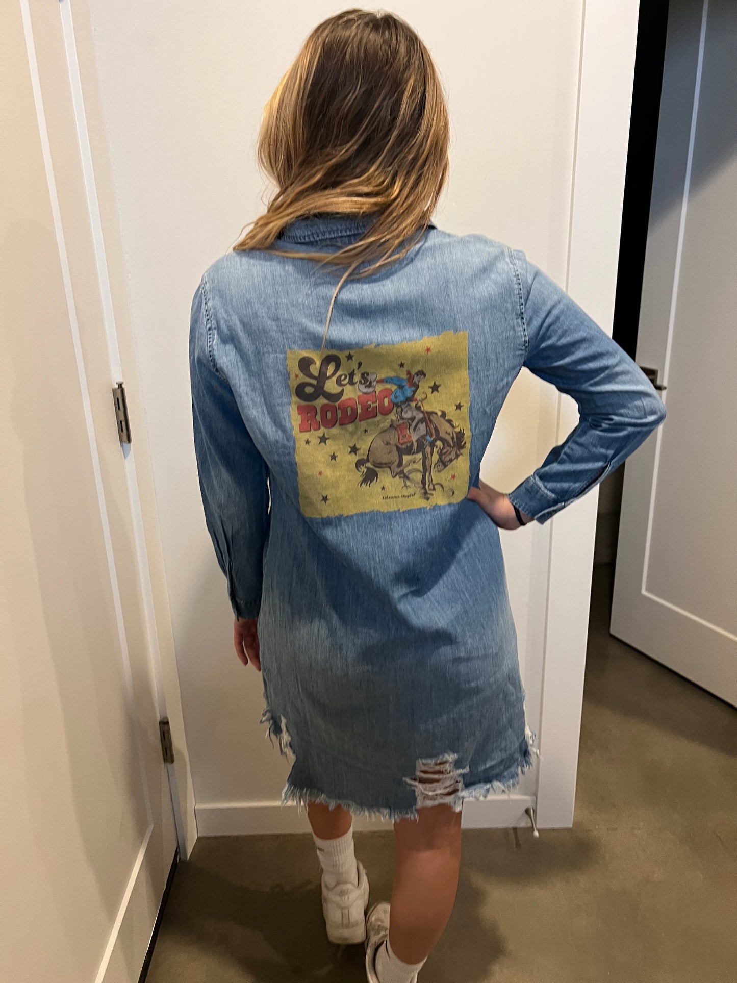 Let's Rodeo Bronco" Vintage Graphic Denim Dress