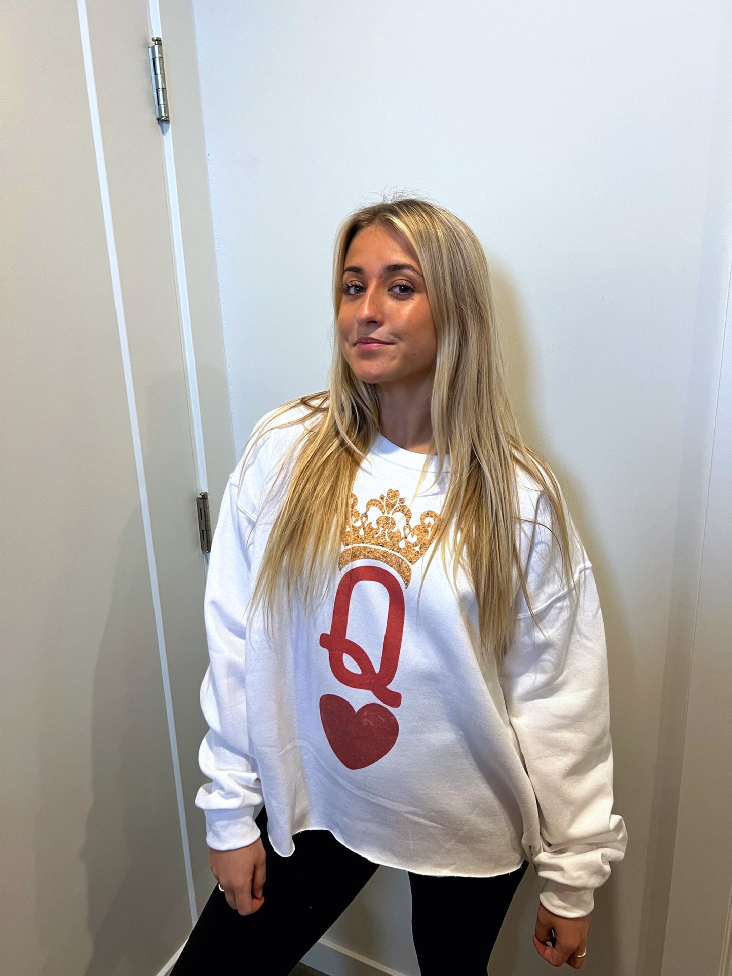 "Queen of Hearts" Oversized, Cut-off Sweatshirt with Rhinestones