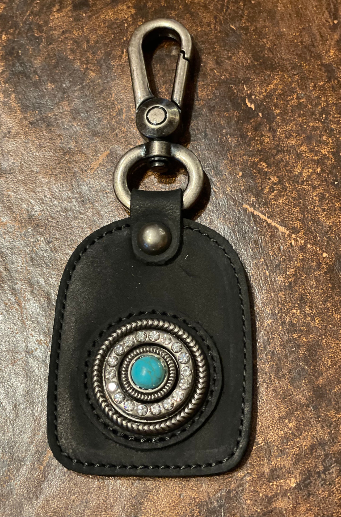 "Happy Trails" Real Leather, Concho with Crystals and Turquoise Key Chain ~ Black