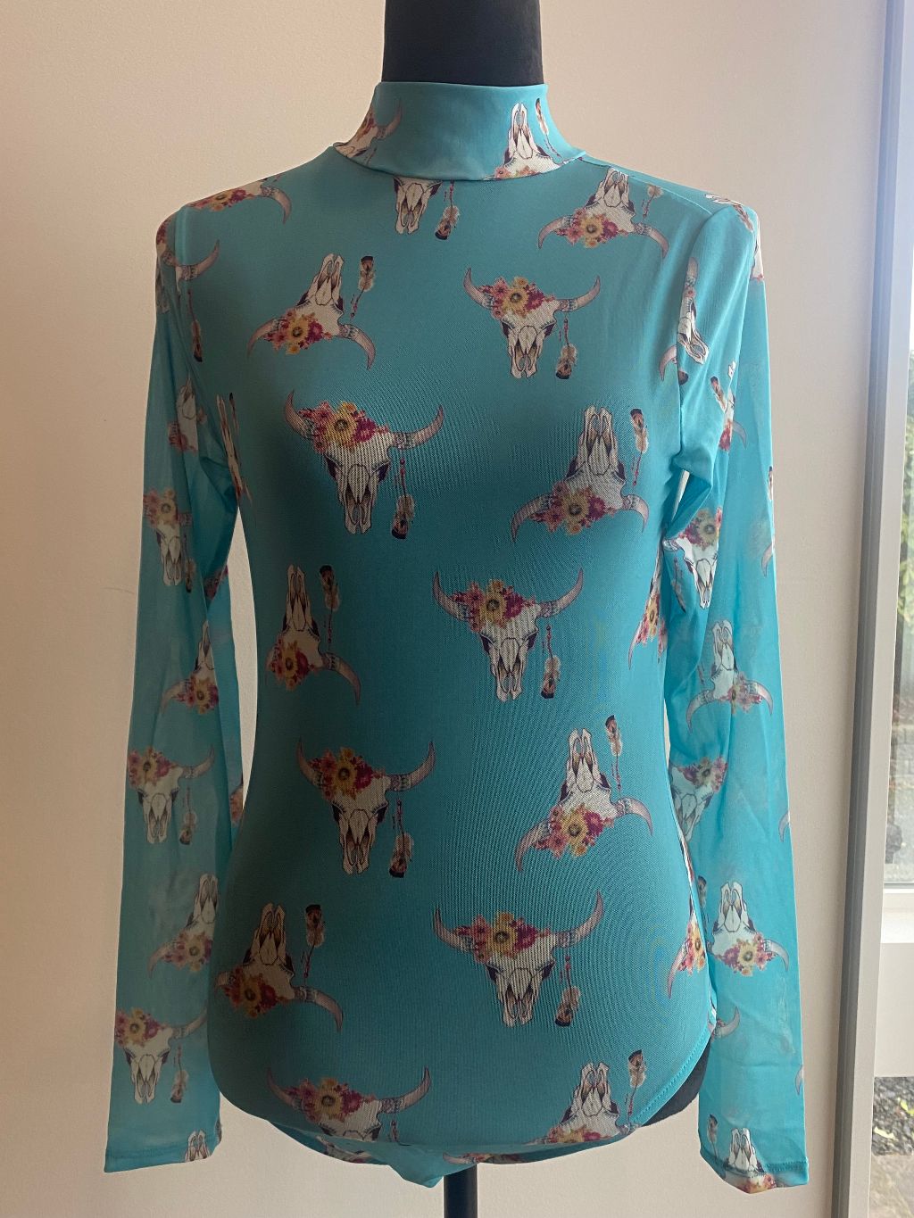 Mesh, Turquoise Cow Print Bodysuit