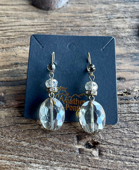 "Skye" Dropped Clear, Oval Crystal with Small Rhinestone Band Earrings