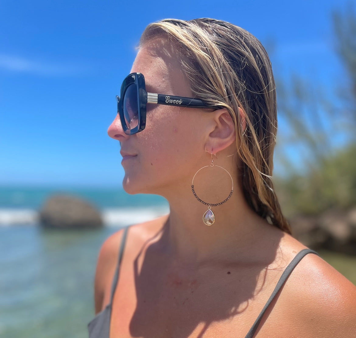 "Tallulah" Rose gold colored metal hoops, beaded dropped earrings with crystal and gold edging