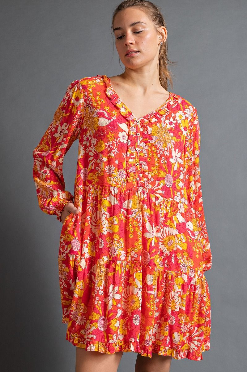 Orange & Coral Printed Rayon Challie Dress