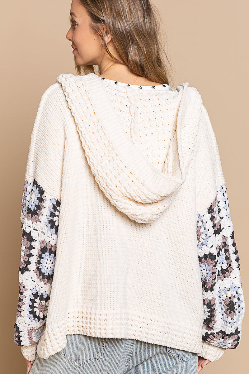 Chenille, Cream Colored Cardigan with knitted panel sleeves