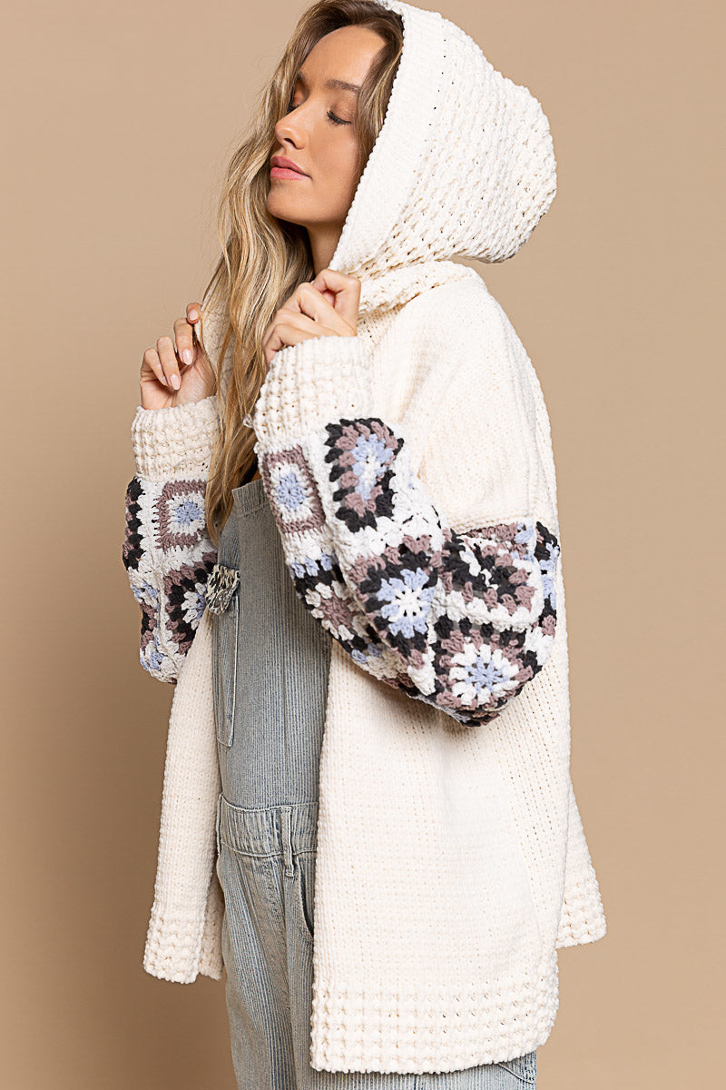 Chenille, Cream Colored Cardigan with knitted panel sleeves