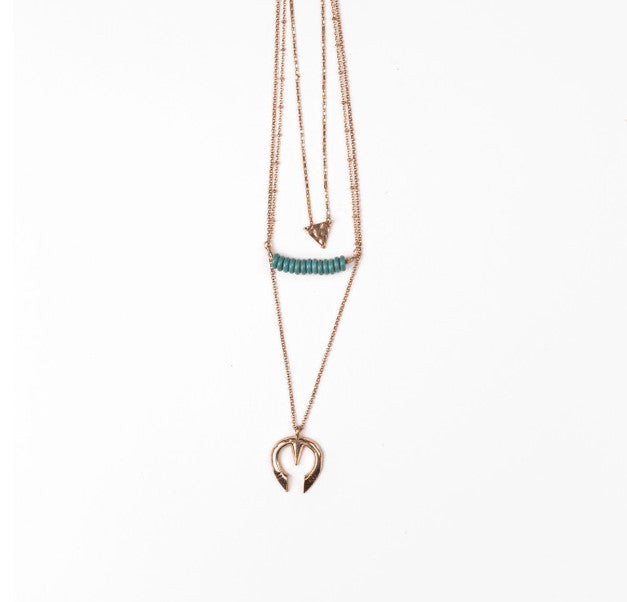 West & Co. Burnished Gold 3 Tier Necklace with Triangle, Turquoise Beads & Naja