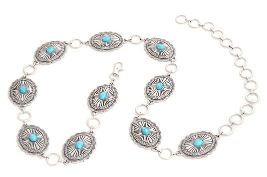 Oval Shaped Concho Chain Belt with Turquoise Stone by Kamberely Group