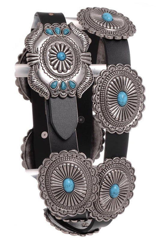 Concho's with Turquoise on Genuine Leather Belt in Black