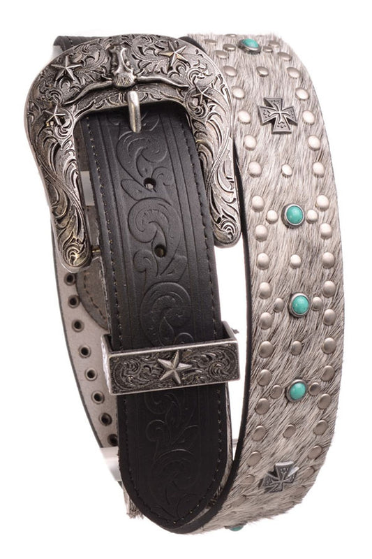 Cowhide Belt with Cross & Turquoise Studded Leather Belt in BLack