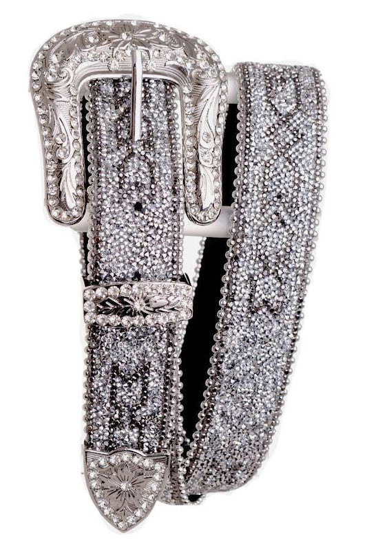 Rhinestone and Mesh Crystal Leather Belt in Silver