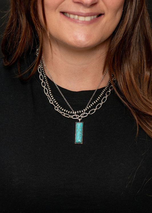 Turquoise Bar Pendant, Tiered, Silver Necklace