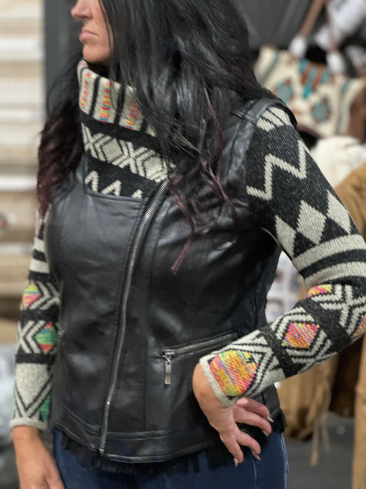 Leather Jacket with Aztec Print Accents