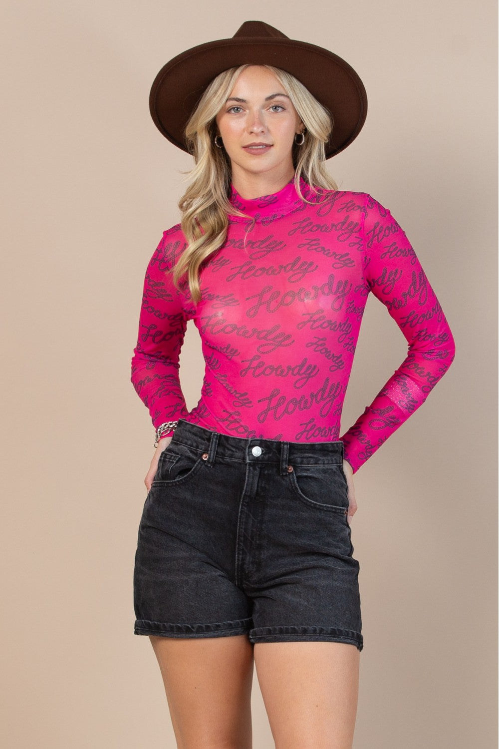 “Howdy”  Hot Pink Mesh Bodysuit