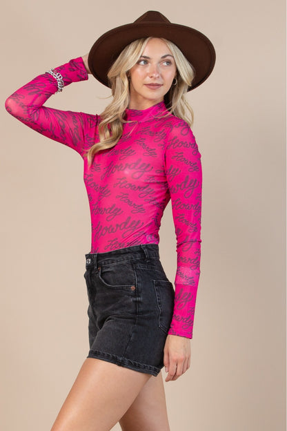 “Howdy”  Hot Pink Mesh Bodysuit