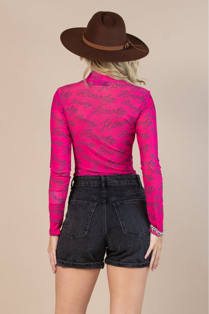 “Howdy”  Hot Pink Mesh Bodysuit