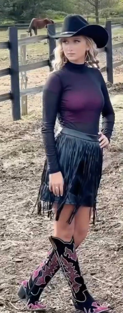Faux Black Leather Fringed Mini Skirt