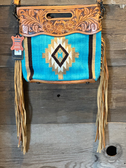 Tooled Leather Saddle Blanket Aztec Crossbody Purse ~ Turquoise and Tan 248