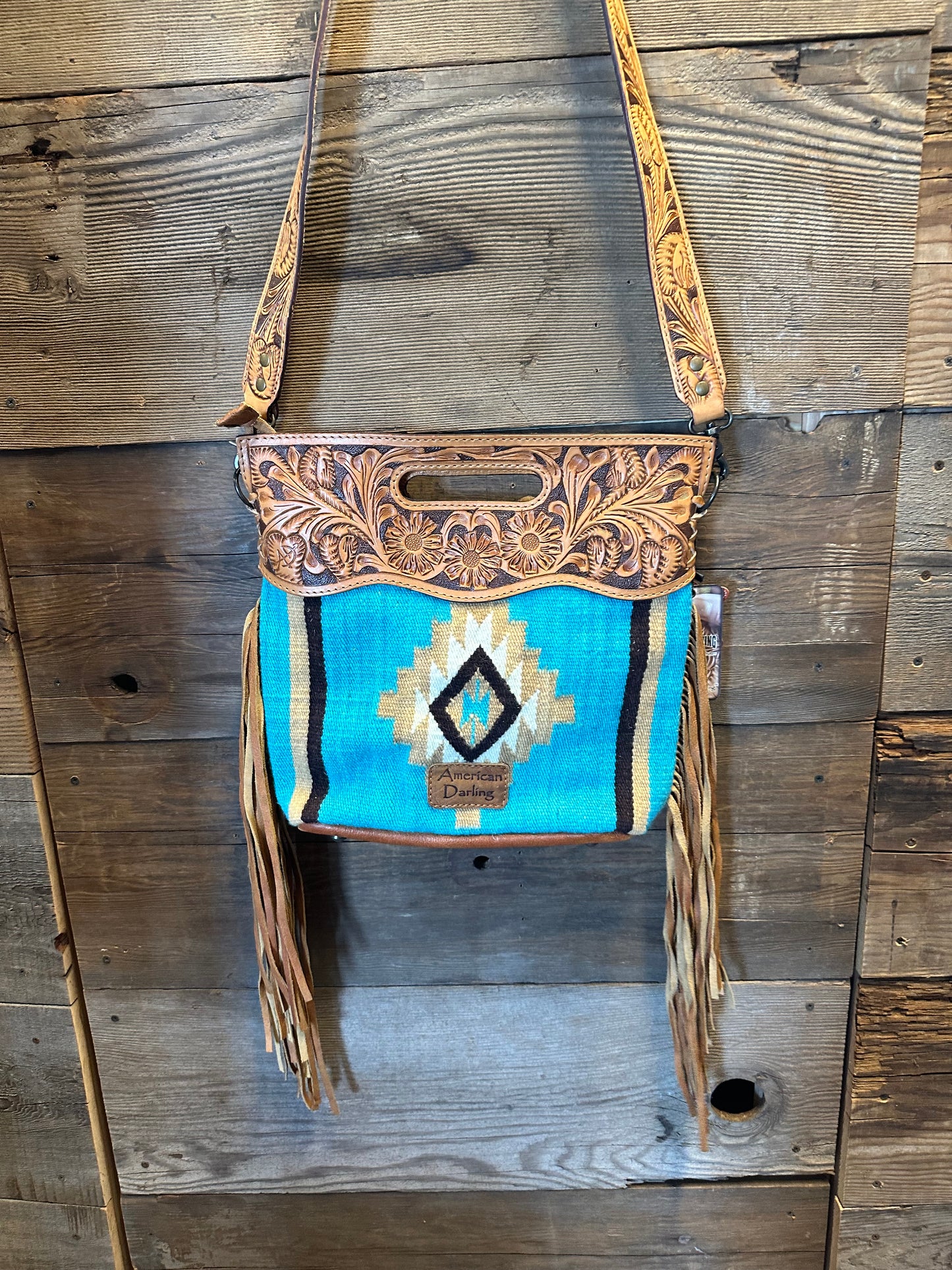 Tooled Leather Saddle Blanket Aztec Crossbody Purse ~ Turquoise and Tan 248