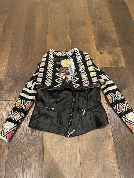 Leather Jacket with Aztec Print Accents
