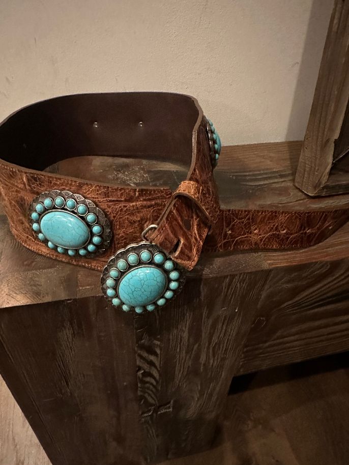 Authentic Italian Leather Belt: Handcrafted in America with Turquoise Conchos