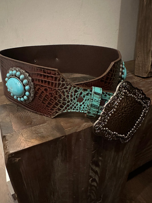 Authentic Italian Leather Belt: Handcrafted in America with Turquoise Accents and Conchos